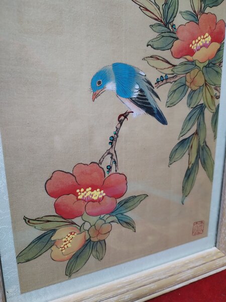 Pictura veche chinezeasca pe matase, cu sigiliu
